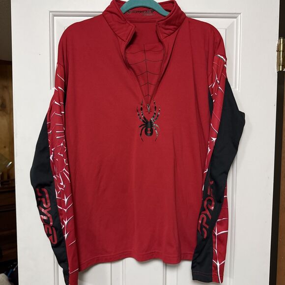 Men's Spyder Linear web Dry W.E.B.T Neck Tee Sz L Quarter zip Black Red‎ White - Picture 1 of 12